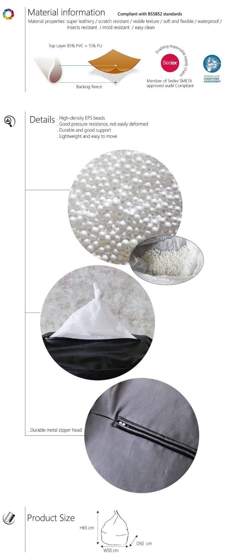 3 Cuft Bean Bag - Stuffed Lazy Bone Sofa FL3c65