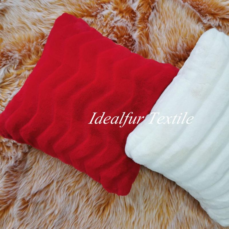 Luxurious Red Embossed Wavy Rabbit Fake Fur Pillow for Sofa