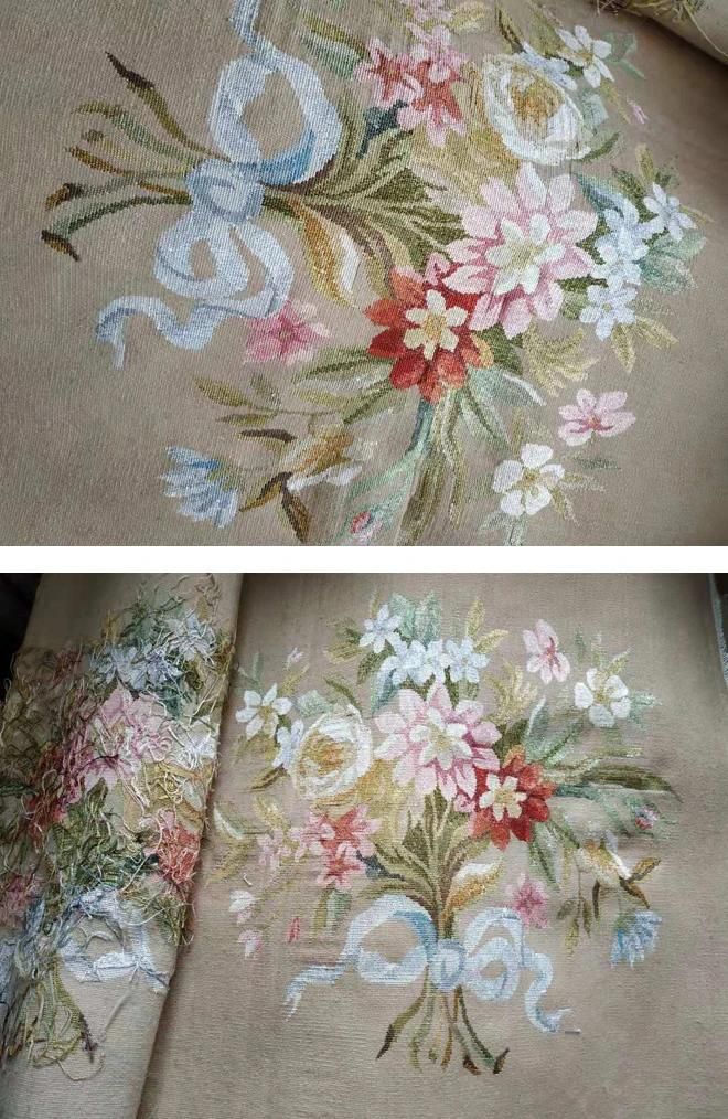 European French Aubusson Flat Weave Armchair Decorated Panel Flower 4 Pieces Chair Cover