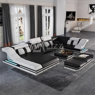 2022 Latest Design Living Room Italian Leather Sofa Furniture Set Sectional LED U Shape Couch