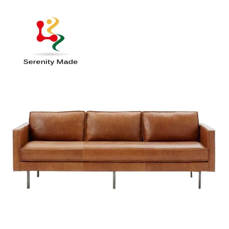 Vintage Style Brown Leather Upholstered Metal Legs 5 Seats Couch Sofa for Living Room