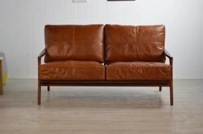 Vintage Living Room Furniture Solid Walnut Color Frame Leather Lounge Sofa