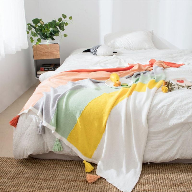 Organic Cotton Throw Blankets Rainbow Design Knitted Blanket for Home Sofa Cotton Knitted Blanket Baby