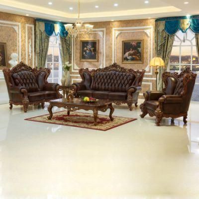 Antique Wood Real Leather Sofa Chairs for Living Room Furniture