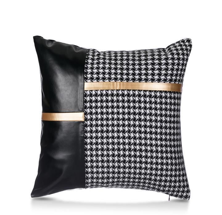 Houndstooth PU Splicing Joining Pillowcase Cushion Cover for Living Room Model Room Sofa Car