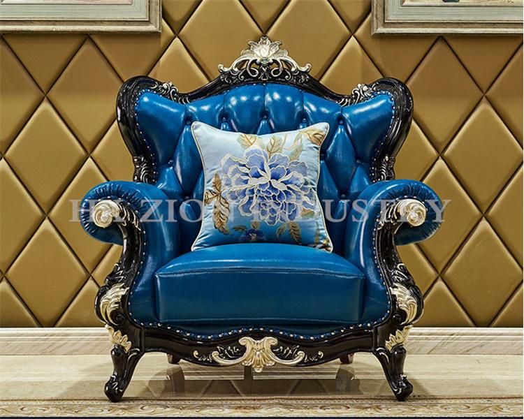 Luxury Style Sofa Set 1+2+3 Seater Home Villa Hotel Living Room Furniture European Style Sofa First Layer Cowhide Blue Leather Sofa