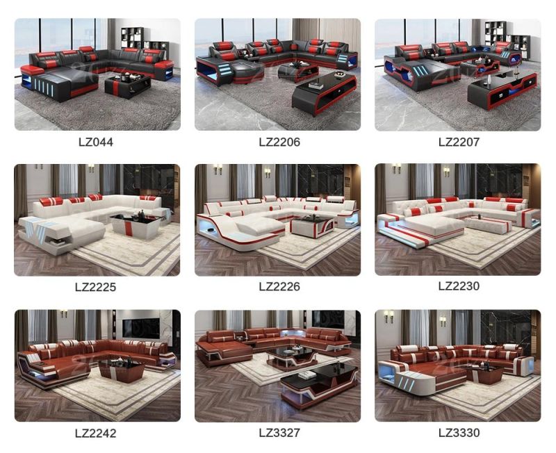 New Design European LED Leather Sofa with Side Storage Cabinets