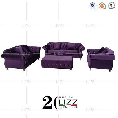 Luxury Royal Style Living Room Fabric Sofa Set Modern Sectional Velvet Furniture Set with Metal Leg