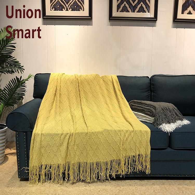 Yellow Blanket Textured Solid Soft Sofa Couch Decorative Knitted Blanket