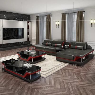 Chinese Factory Wholesale High-End Sectional Sofa Leisure Black Genuine Leather Sofa with TV Table Set