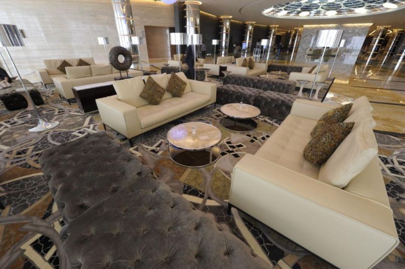 Hotel Lounge Lobby Simple Circular Conversation Sofa with Marble Side Table and Cream Single Sofa