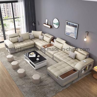 (MN-SF74) Modern Leisure Living Room Home Furniture Wooden Sectional U Shape Genuine Leather Sofa with Coffee Table