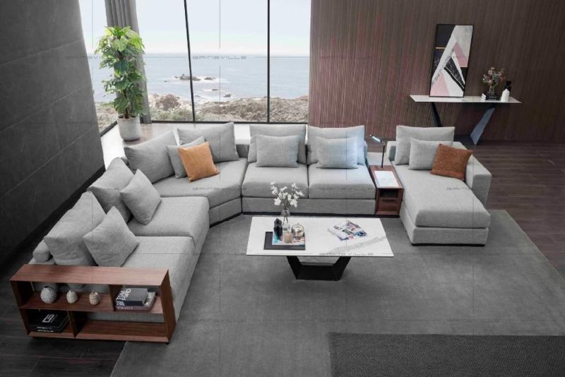 Living Room Sectional Corner L Shape Fabric Sofa Walnut Venner and Upholstered Armrest Optional Sofa Set