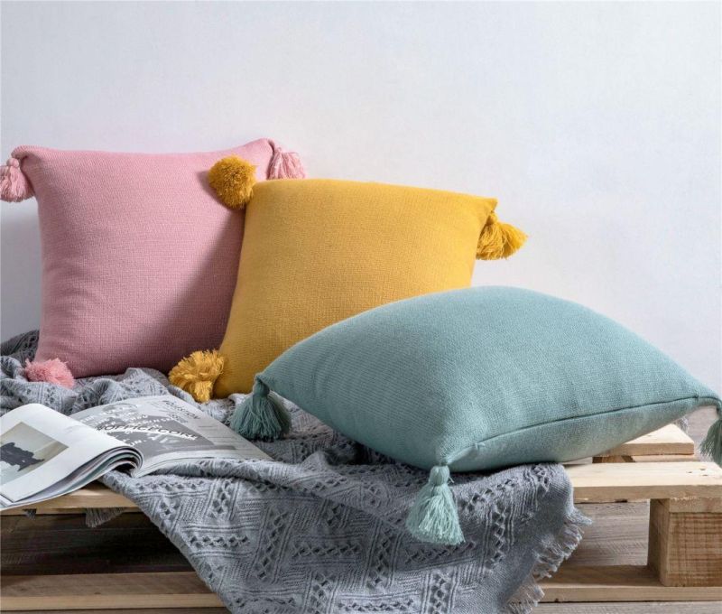 Solid Pompom Pillowcase with Ball Cushion Cover Decorative Home Sofa with Ball Custom 45*45cm Kp14