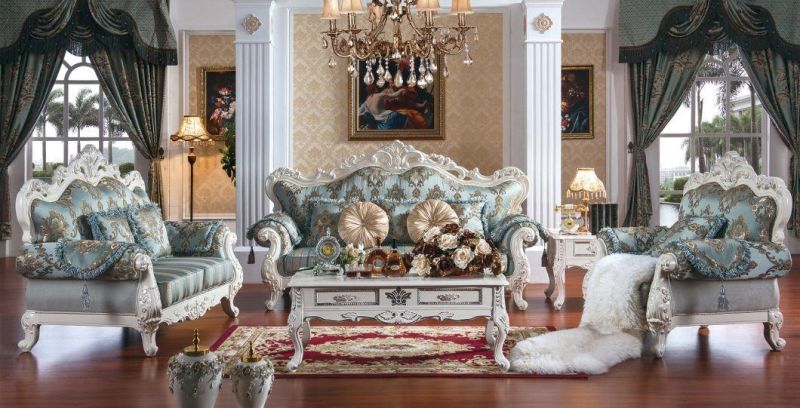 Optional Color Handmade Antique Wood Fabric Sofa with Coffee Table