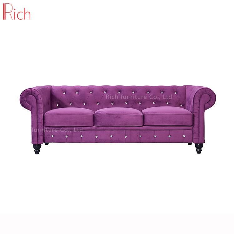 Modern Design Hotel Furniture Living Room Sectional Assembled Purple Velvet Chesterfield Sofa 3 Seater