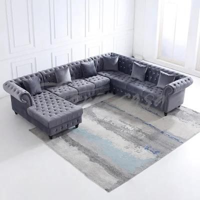 Medium Back Comfortable Modern Home Living Room Furniture Leisure Chesterfield Velvet Fabric U Shape Sofa with Good Quality