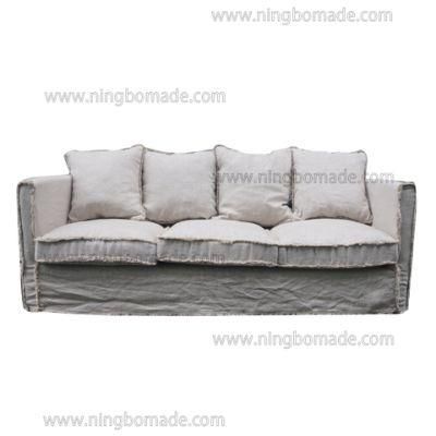 Antique Design Rustic Style Furniture Cream White Oak Linen Fabric Cushions Three Seats Sofa