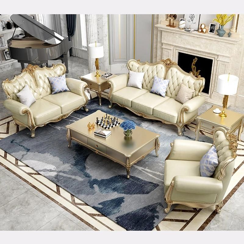 Living Room Furniture Sets Classic Leather Sofa with Wooden Center Table in Optional Furnitures Color and Couch Seats