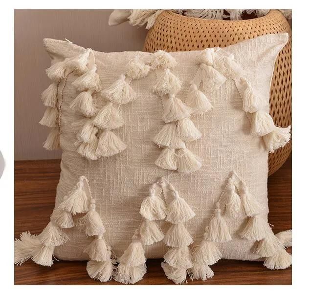 Cotton Linen Tassel Tufted Pillow Cushion Cover Waist Pillowcase for Living Room