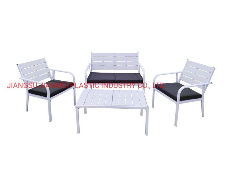 Wholesale Modern Style Outdoor Furniture Wood Grain Patio Garden Dining Sets Hotel Steel Furniture Sofa in 4 Seat Converstation Sets for Restaurant