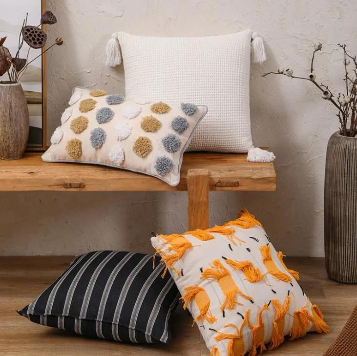 Home Luxury Tufted Pillow Sofa Living Room Bay Window Cushion Geometric Tassel Pillow Cover