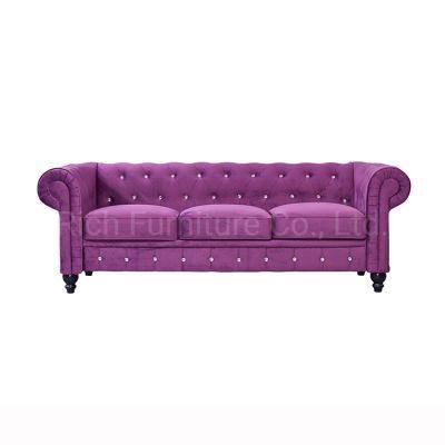 Modern Design Hotel Furniture Living Room Sectional Assembled Purple Velvet Chesterfield Sofa 3 Seater