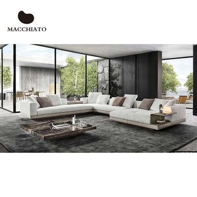 Zhida High End Modern Italian Design Sectional Sofa Couch Set Villa Living Room L Shape Corner Fabric Sofa with Leather Armrest