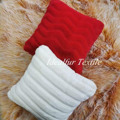 Luxurious Red Embossed Wavy Rabbit Fake Fur Pillow for Sofa