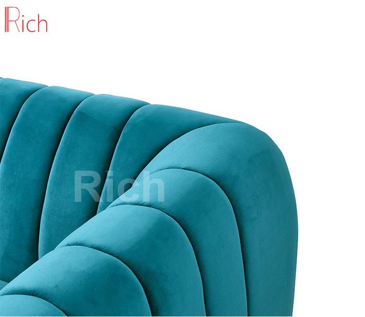 Modern Home Living Room Furniture Sky Blue Fabric Velvet I Shaped Leisure Couch Sofa Three Seat