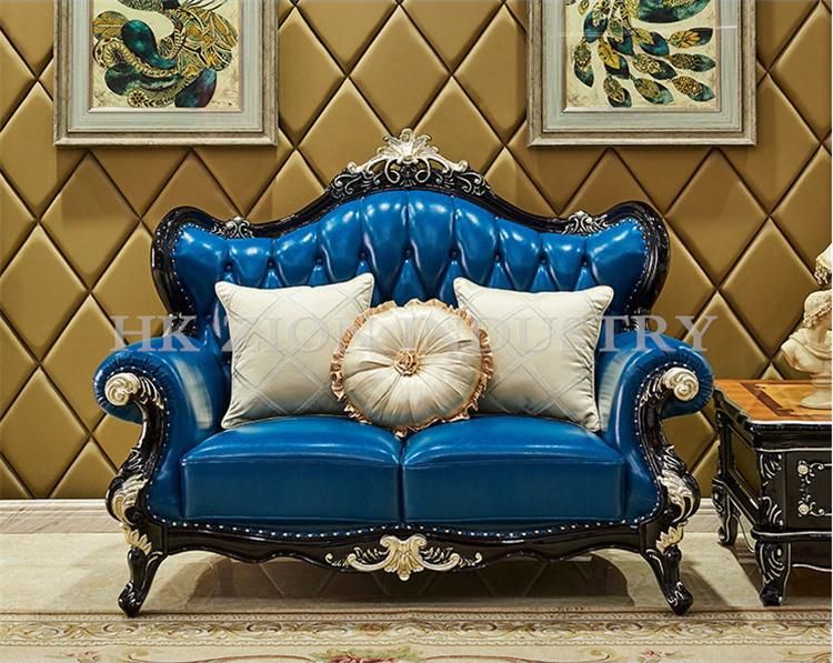 Luxury Style Sofa Set 1+2+3 Seater Home Villa Hotel Living Room Furniture European Style Sofa First Layer Cowhide Blue Leather Sofa