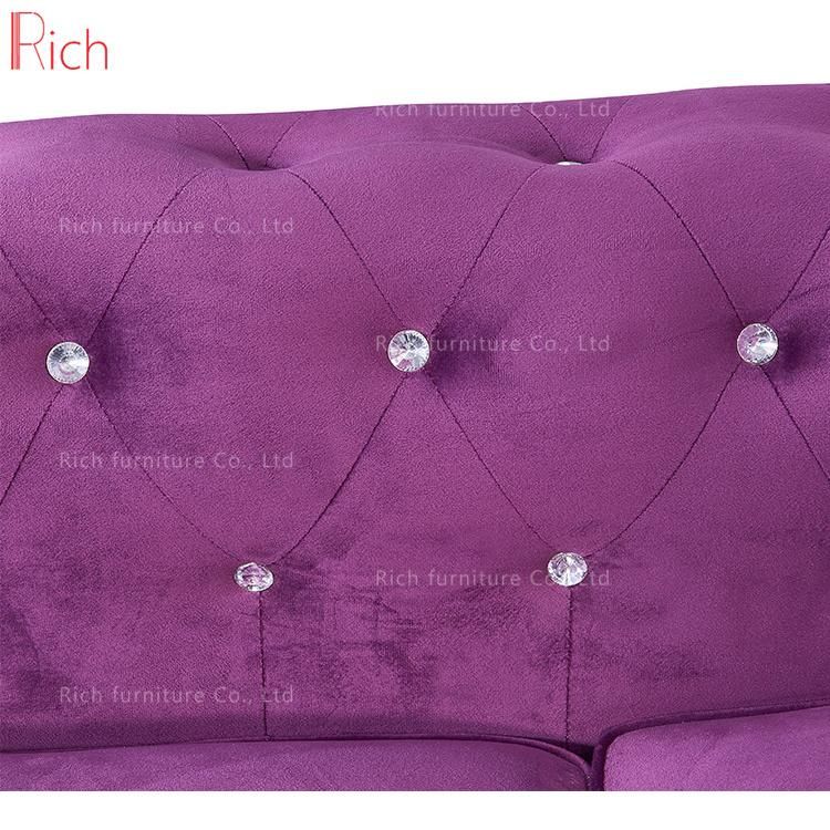 Modern Design Hotel Furniture Living Room Sectional Assembled Purple Velvet Chesterfield Sofa 3 Seater