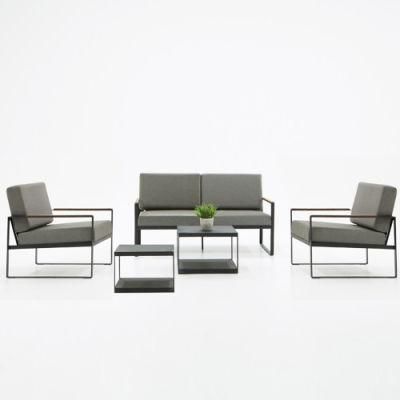 Outdoor Grey Aluminum Loveseat Sofa Set with Wood Armrest