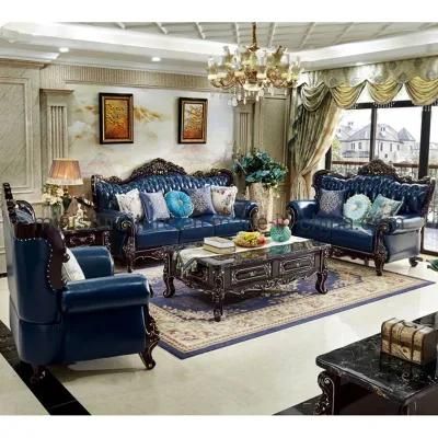 (MN-CSF10) Hotel Lounge/Home Furniture Living Room Wood Blue Leather Sofa