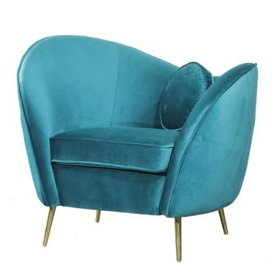 European Single Blue Velvet Fabric Living Room Furniture Gold Stainless Steel Legs Sofa