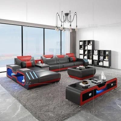 Hot Sale European Latest Design Functional LED Living Room Geniue Leather Sofa Furniture with Coffee Table