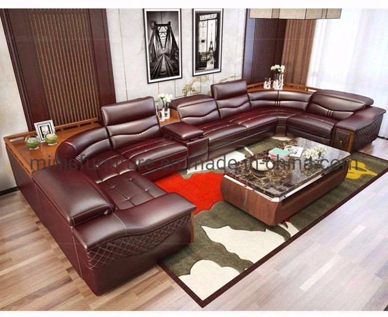 (MN-SF74) Modern Leisure Living Room Home Furniture Wooden Sectional U Shape Genuine Leather Sofa with Coffee Table