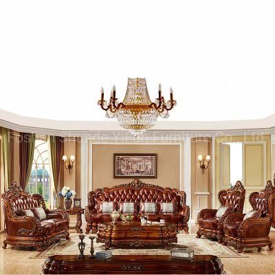 Home Furniture Wood Carved Antique Royal Leather Sofa in Optional Couch Seats and Furnitures Color