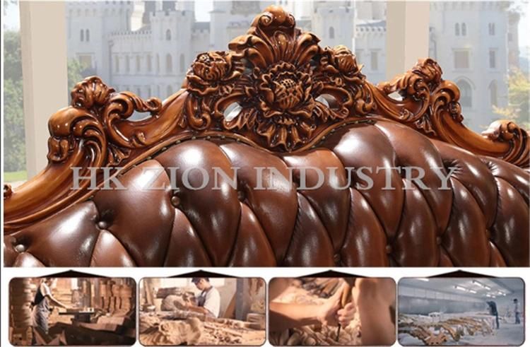 High End European Style Antique Sofa Classic Living Room Furniture Sets Chaise Longue Brown Solid Wood Frame Genuine Leather Sectional Sofa