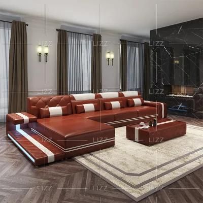 Modern Living Room L Shape Leisure Home Furniture Luxury Sectional Top Grain Genuine Leather Sofa with Bluetooth Speaker
