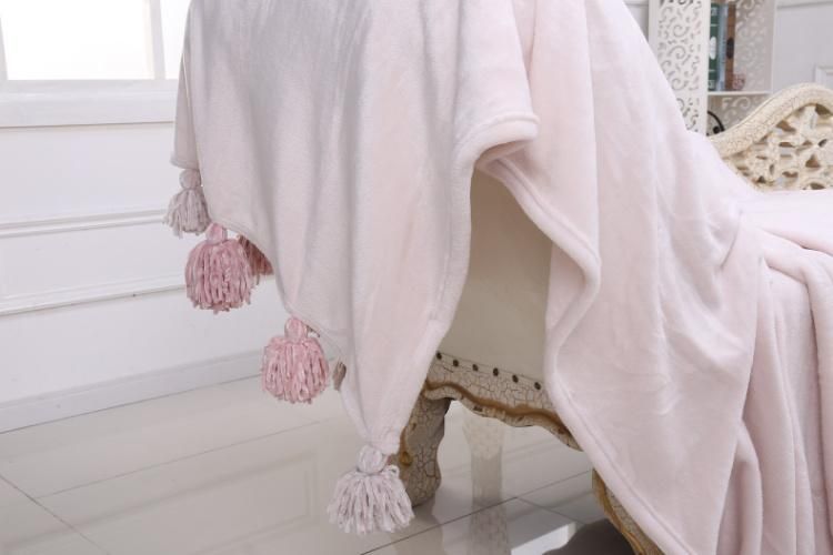 Chenille Fringed POM POM Velvet Fleece Sofa Throw Blanket Pink