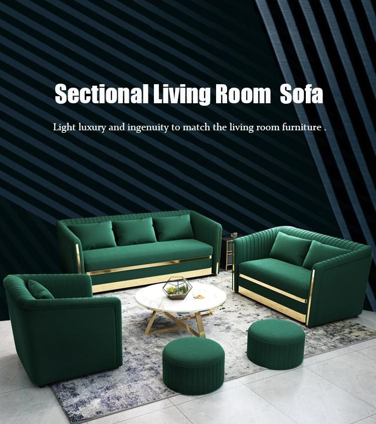 Luxury Metal Hotel Home Furniture Design Green Cloth Velvet Sectional Couch Set Living Room Fabric Sofa