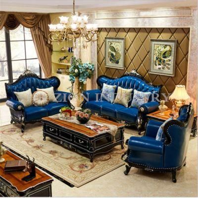 Luxury Style Sofa Set 1+2+3 Seater Home Villa Hotel Living Room Furniture European Style Sofa First Layer Cowhide Blue Leather Sofa