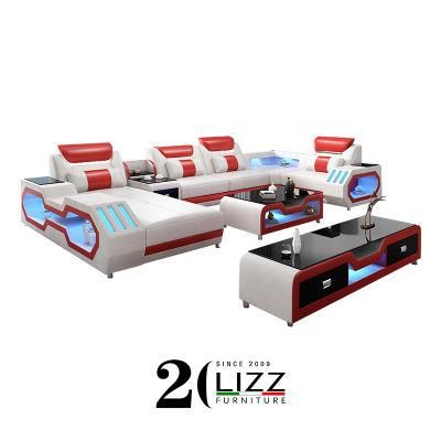 Sofa Set Furniture Italian Design Modern Genuine Leather with LED Light and Bluetooth