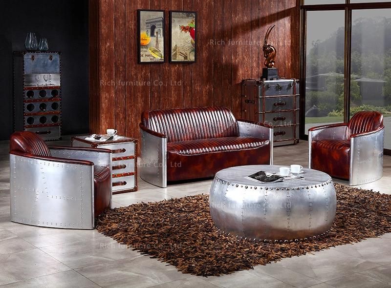 Home Antique Leisure Leather Aluminum Living Room Furniture Single Sofa