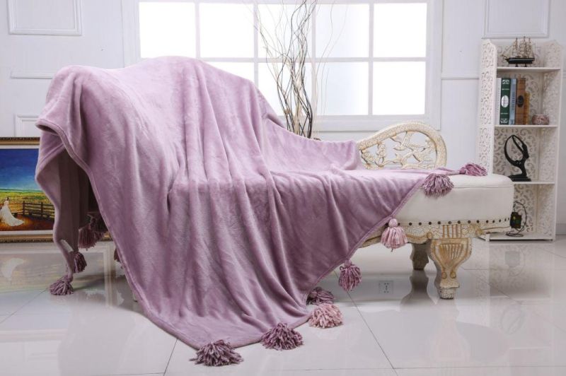Flannel Fleece Cute Tassel Home Sofa Knitted Polyester Blanket with POM Poms