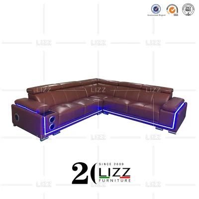 Functional European Style Italian Leather Modern Living Room Luxury Brown Color Sofa with Speaker and LED Light