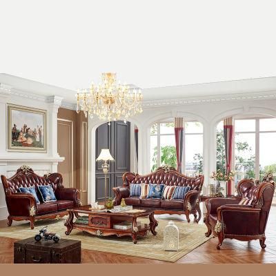 Living Room Furniture Classic Genuine Leather Sofa with Wood Table