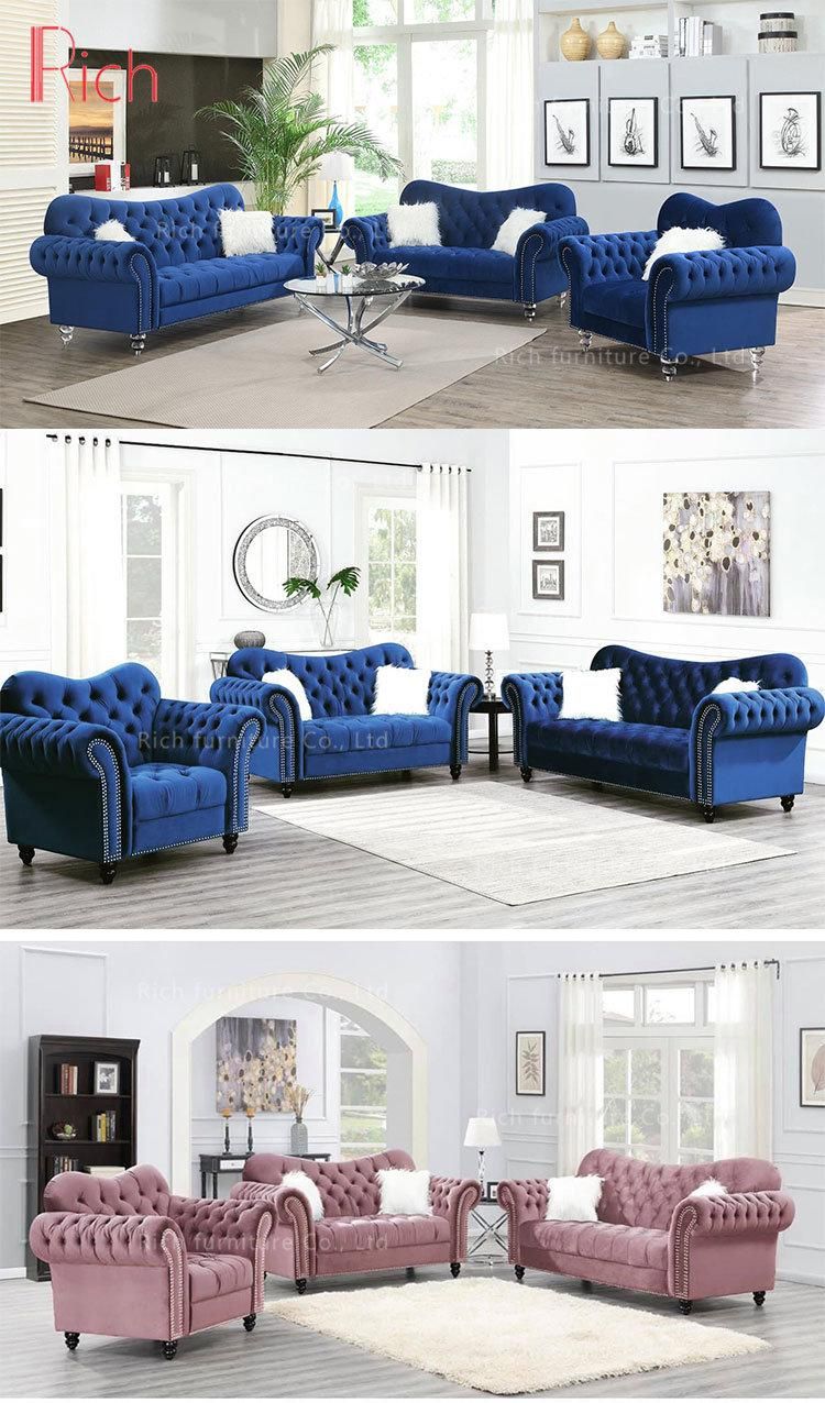 Modern Blue Velvet Chesterfield Sofa for Hotel Button Tufted Nailed Roll Arm Sofa Knock Down Chesterfield Living Room Sofa