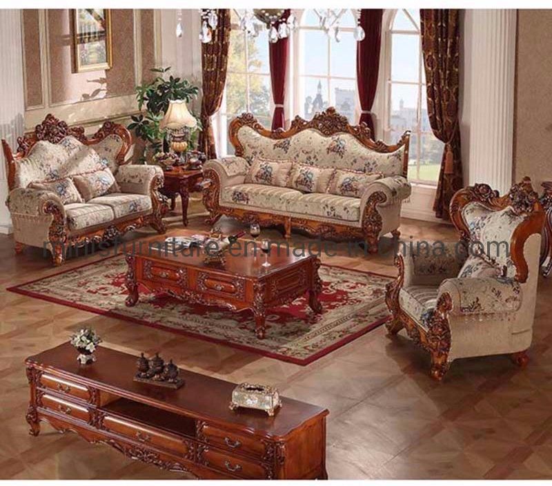 (M-CSF07) European Living Room Furniture Brown Genuine Leather Wooden Frame Sofa